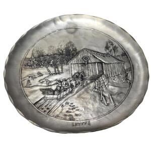 Wendell August Forge Hand Wrought Pewter Plate Horse Drawn Sleigh Covered Bridge